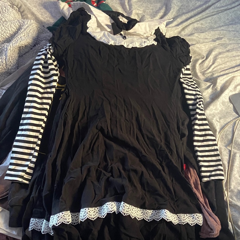 Hot Topic Black Long Sleeve Layered Lace-Trim Dress with Striped Sleeves